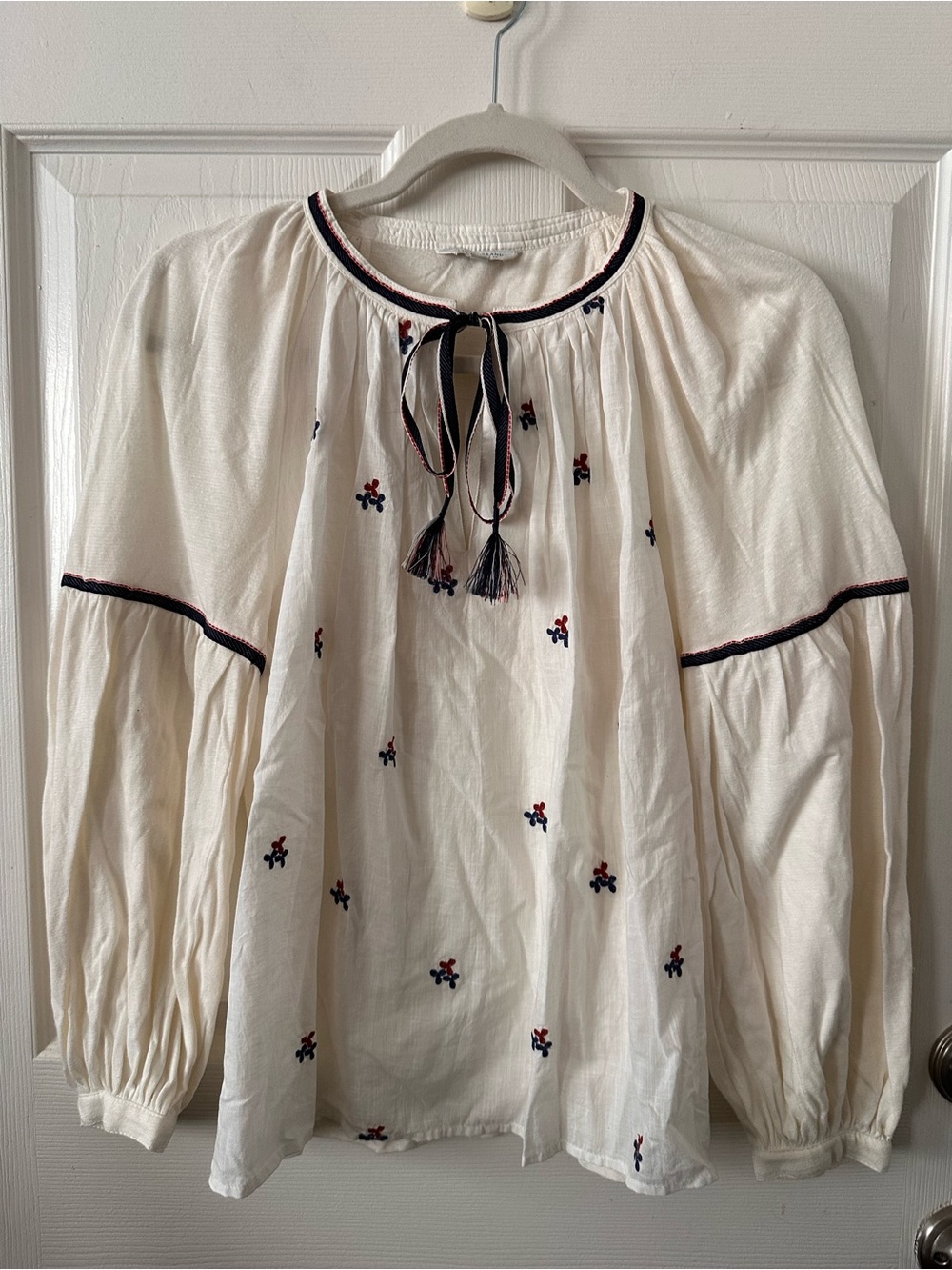 Lucky Brand Cream Peasant Blouse with Navy & Red Embroidery